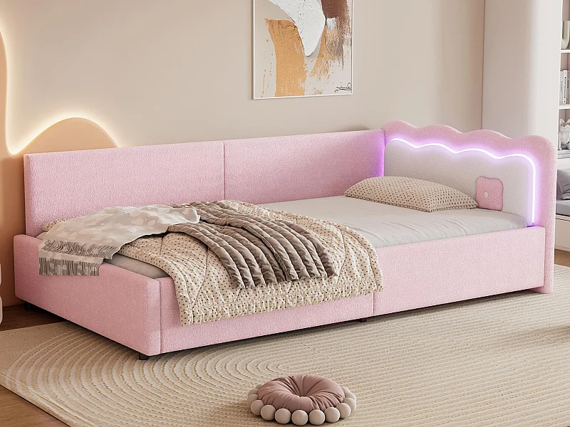 Łóżko banquette 90x200cm z LED i stelażem na listwy - Różowe