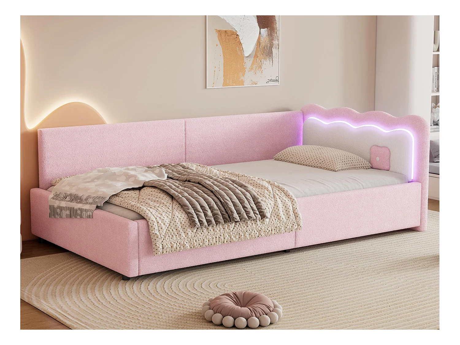 Lit banquette 90x200cm avec LED et sommier à lattes - Rose