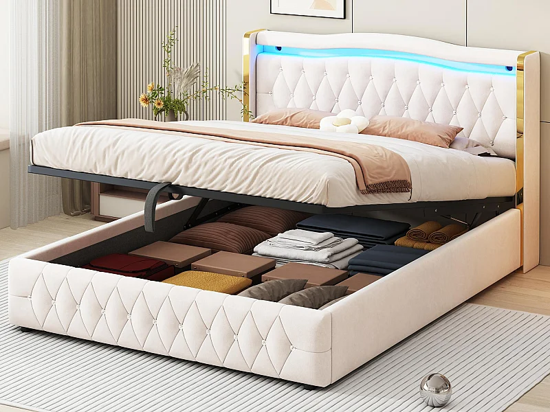 Cama contenedor acolchada 160x200 cm con iluminación LED - tejido de terciopelo - Beige