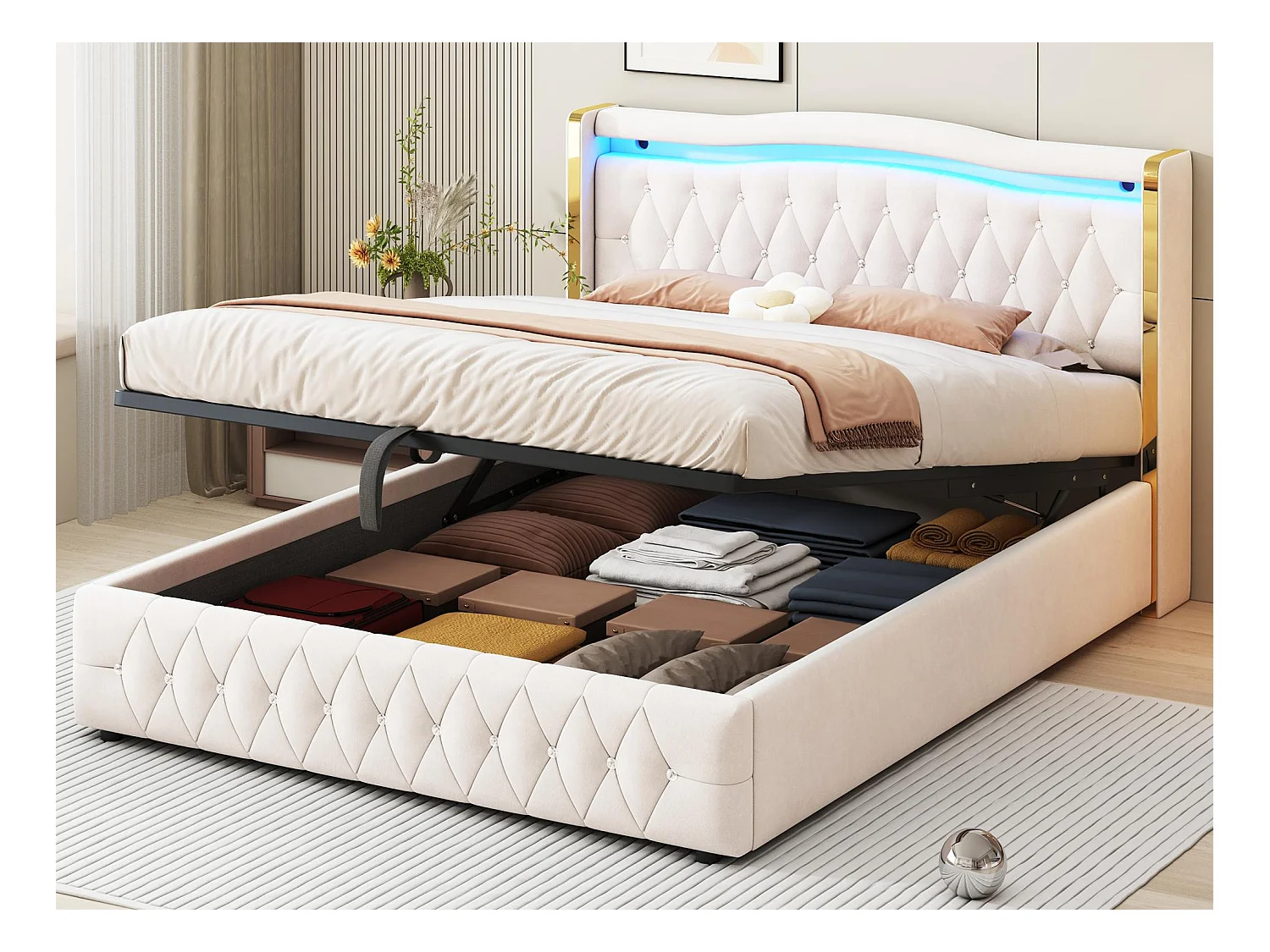Lit coffre capitonné 160x200 cm avec éclairage LED - tissu en velours - Beige