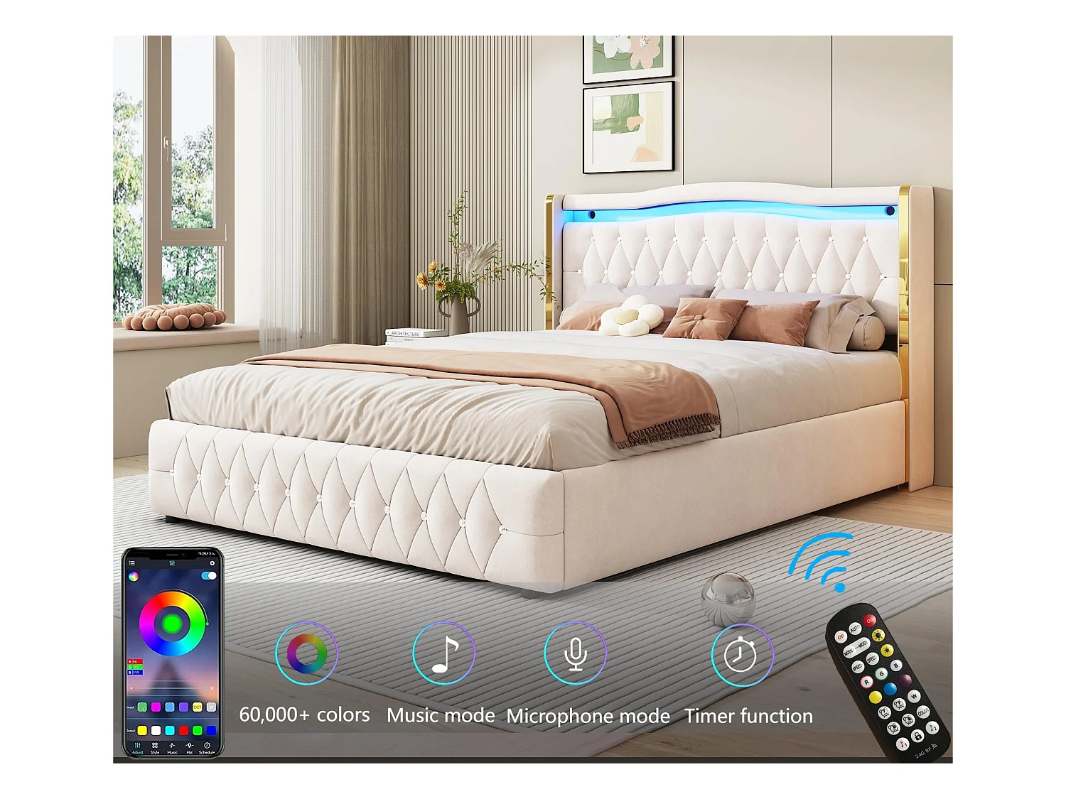 Gepolstertes Stauraumbett 160x200 cm mit LED-Beleuchtung – Samtstoff – Beige