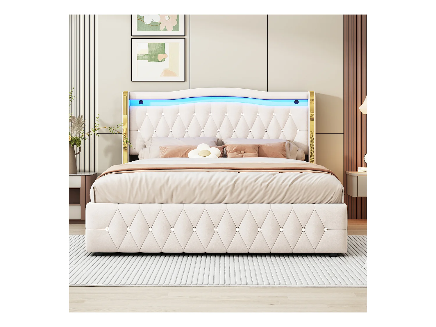Gepolstertes Stauraumbett 160x200 cm mit LED-Beleuchtung – Samtstoff – Beige
