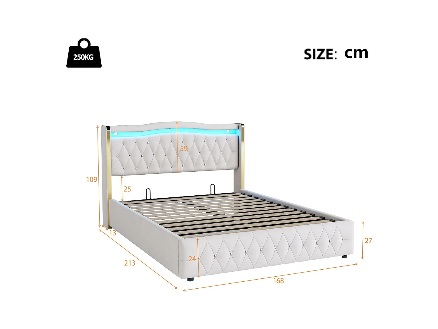 Gepolstertes Stauraumbett 160x200 cm mit LED-Beleuchtung – Samtstoff – Beige
