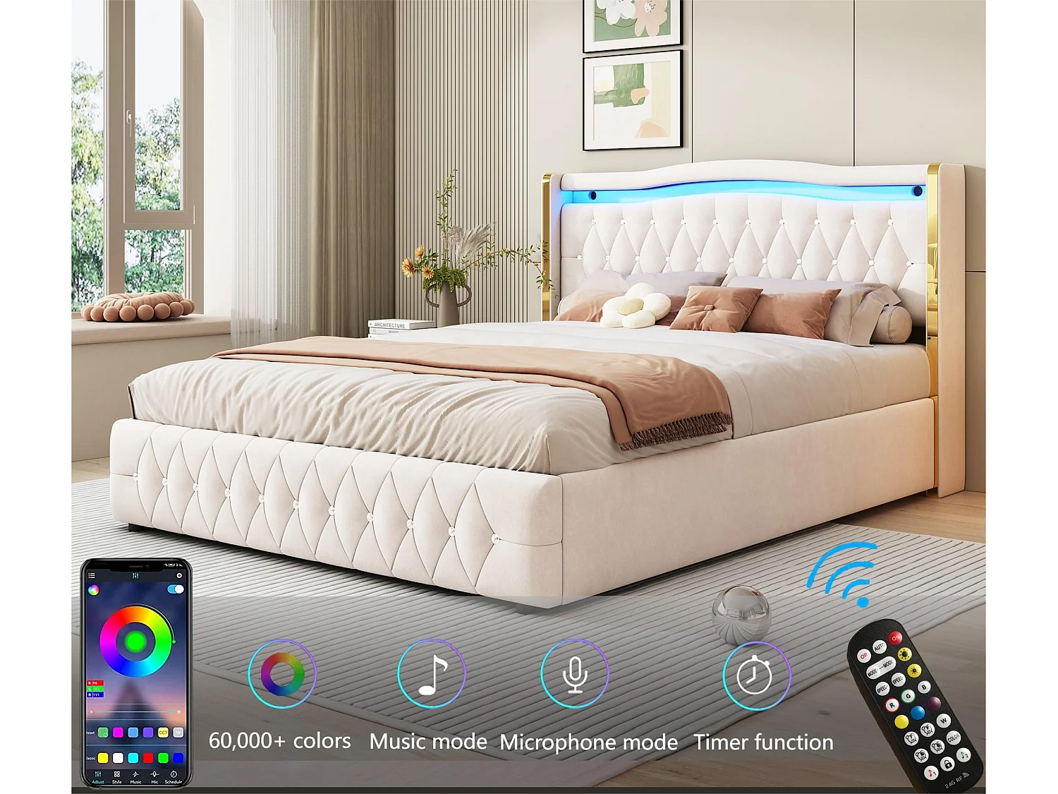 Lit coffre capitonné 160x200 cm avec éclairage LED - tissu en velours - Beige