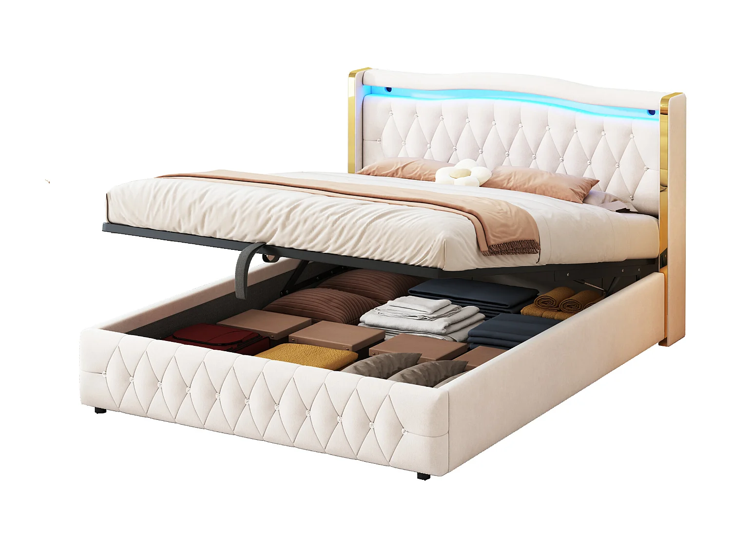 Lit coffre capitonné 160x200 cm avec éclairage LED - tissu en velours - Beige