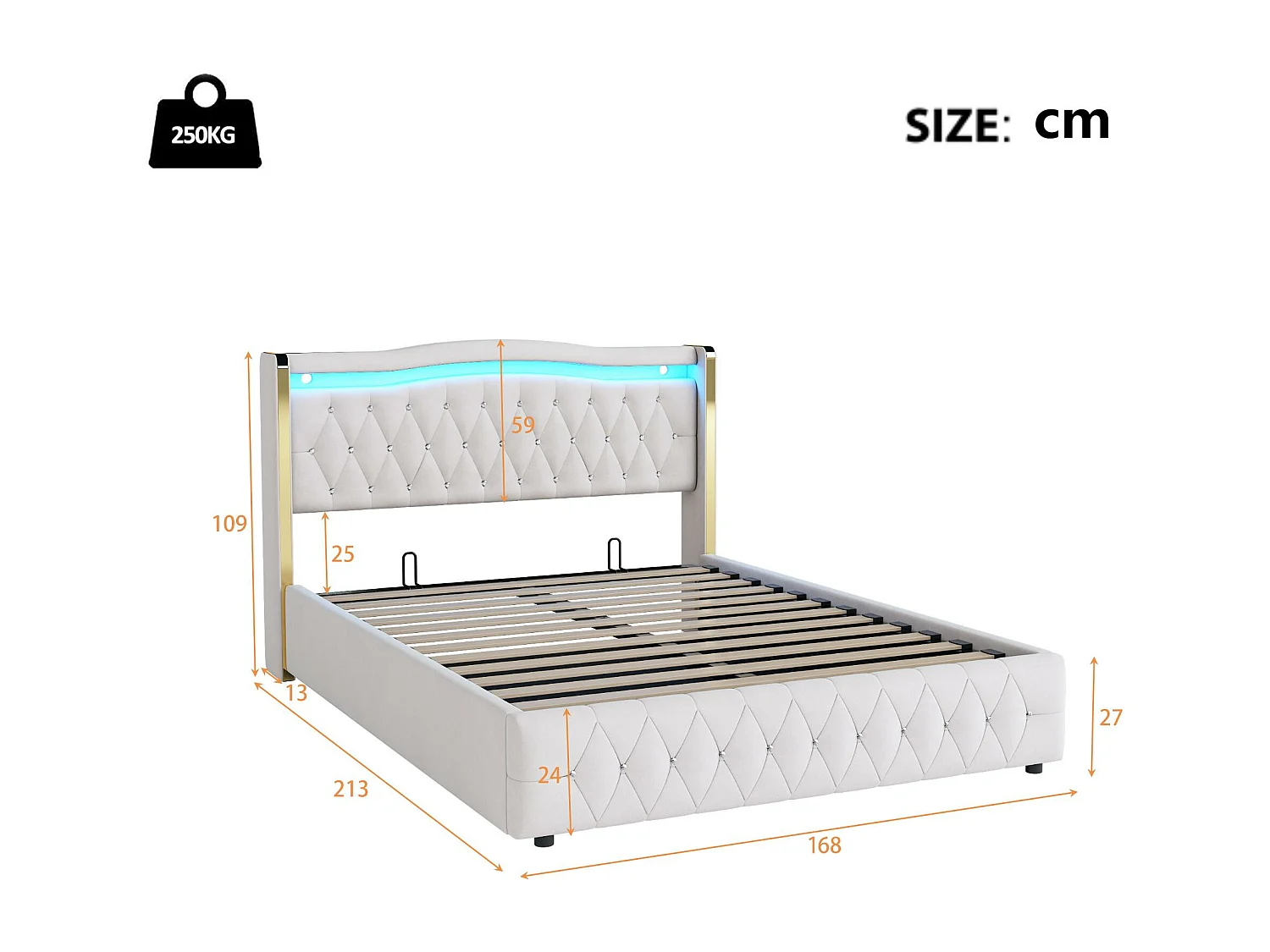 Lit coffre capitonné 160x200 cm avec éclairage LED - tissu en velours - Beige