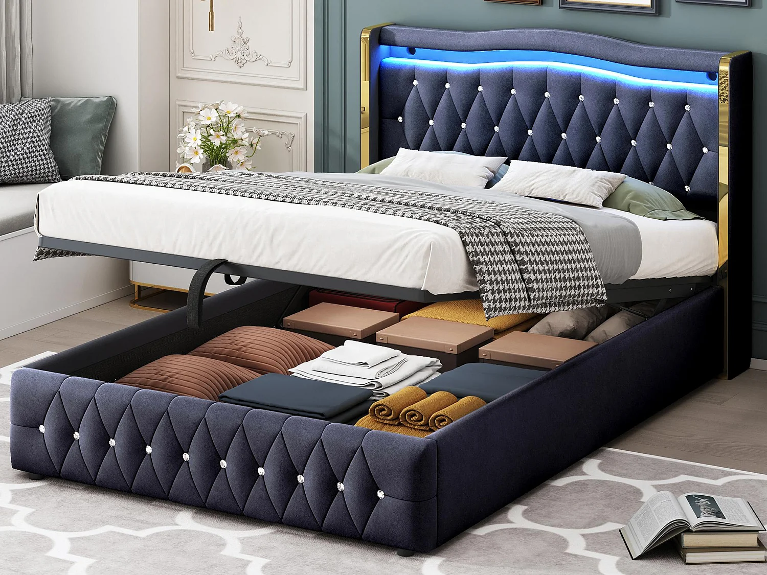 Gewatteerd opbergbed 140x200 cm met LED-verlichting - stof fluweel - Zwart