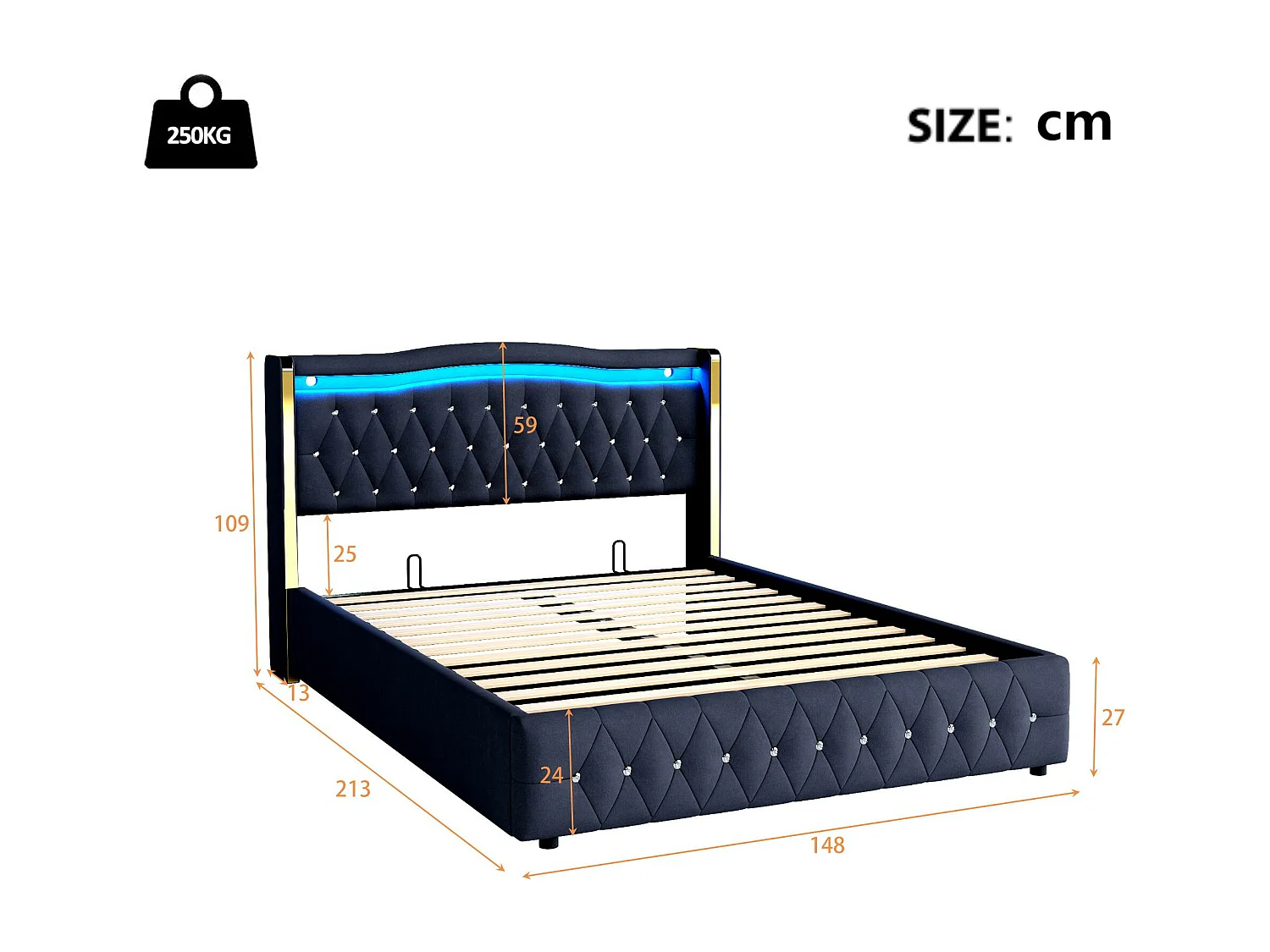 Gewatteerd opbergbed 140x200 cm met LED-verlichting - stof fluweel - Zwart