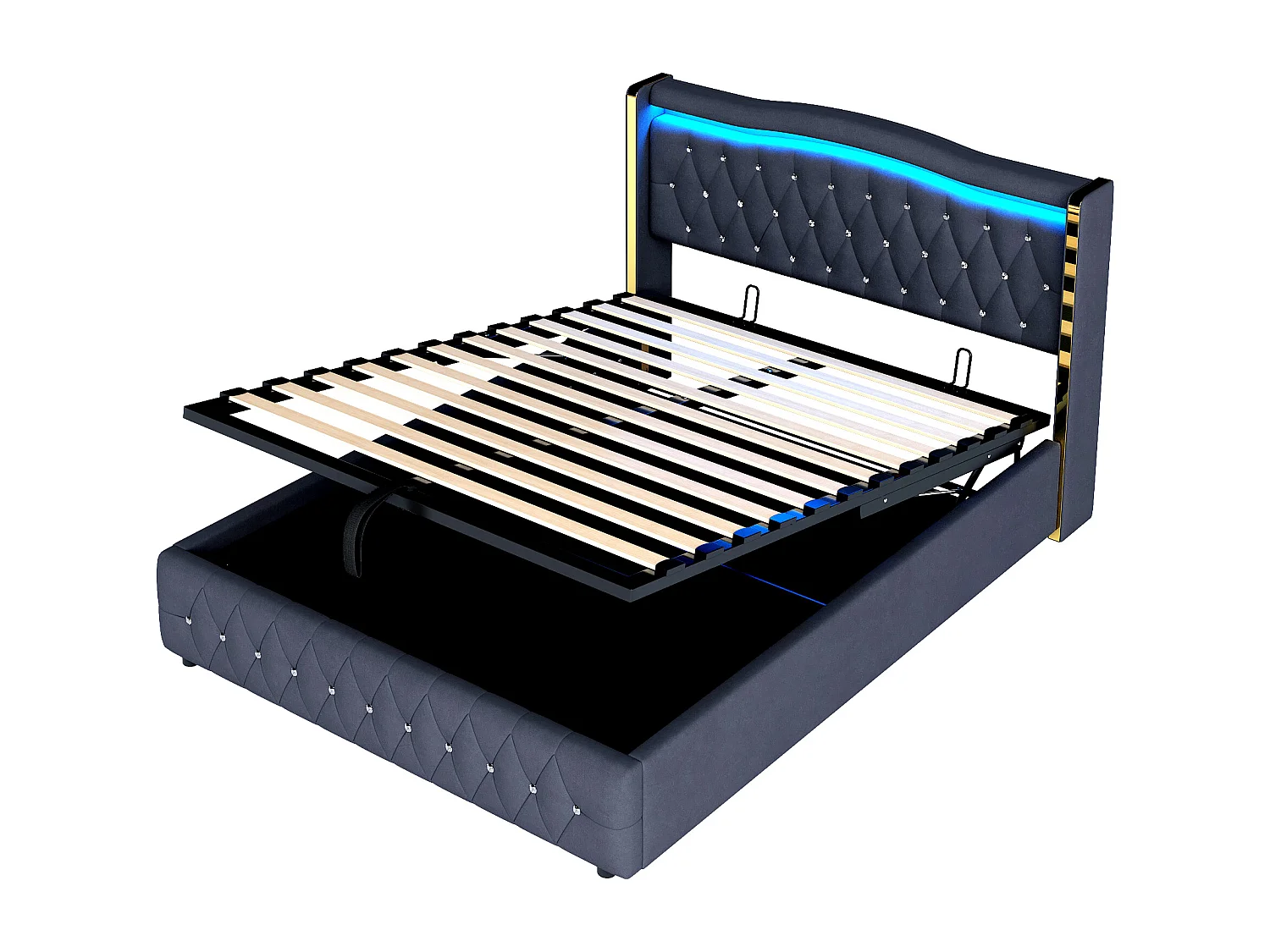 Gewatteerd opbergbed 140x200 cm met LED-verlichting - stof fluweel - Zwart