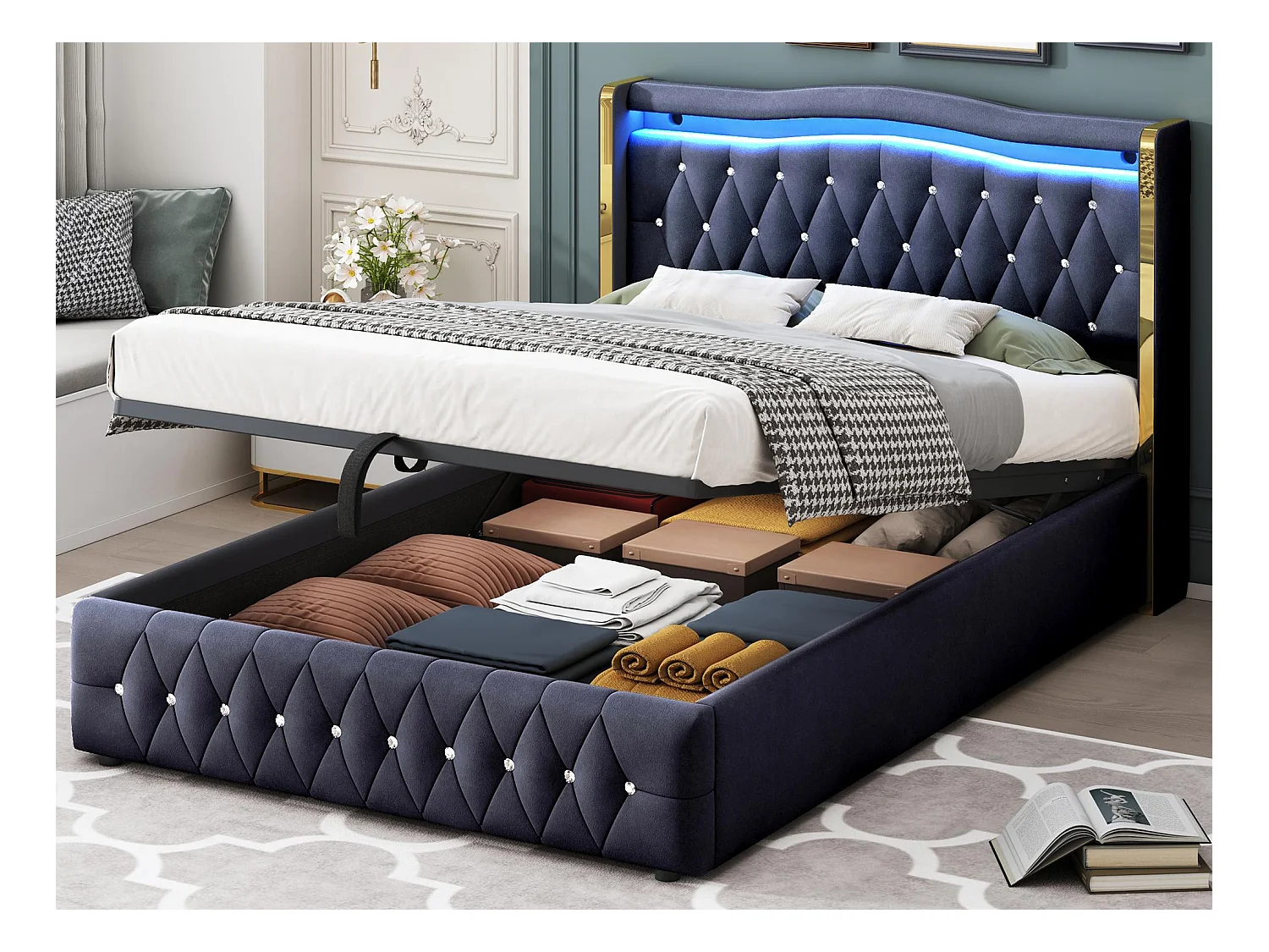 Lit coffre capitonné 140x200 cm avec éclairage LED - tissu en velours - Noir