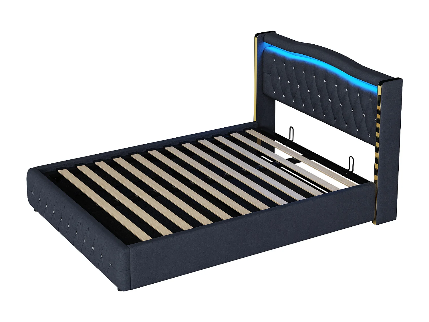 Gepolstertes Stauraumbett 140x200 cm mit LED-Beleuchtung – Samtstoff – Schwarz