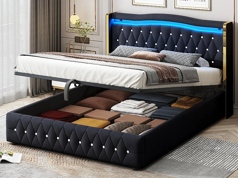 Lit coffre capitonné 160x200 cm avec éclairage LED - tissu en velours - Noir