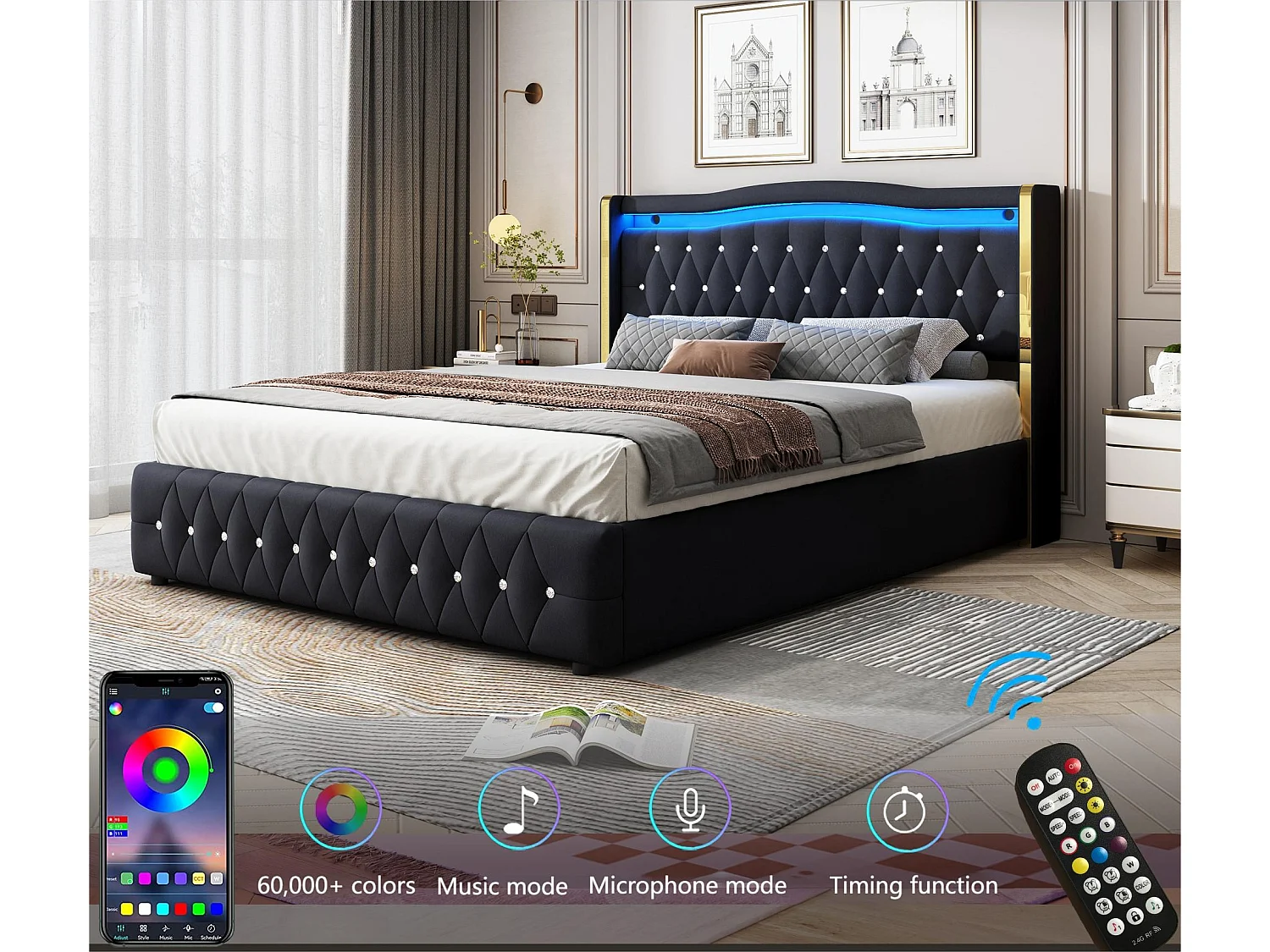 Lit coffre capitonné 160x200 cm avec éclairage LED - tissu en velours - Noir