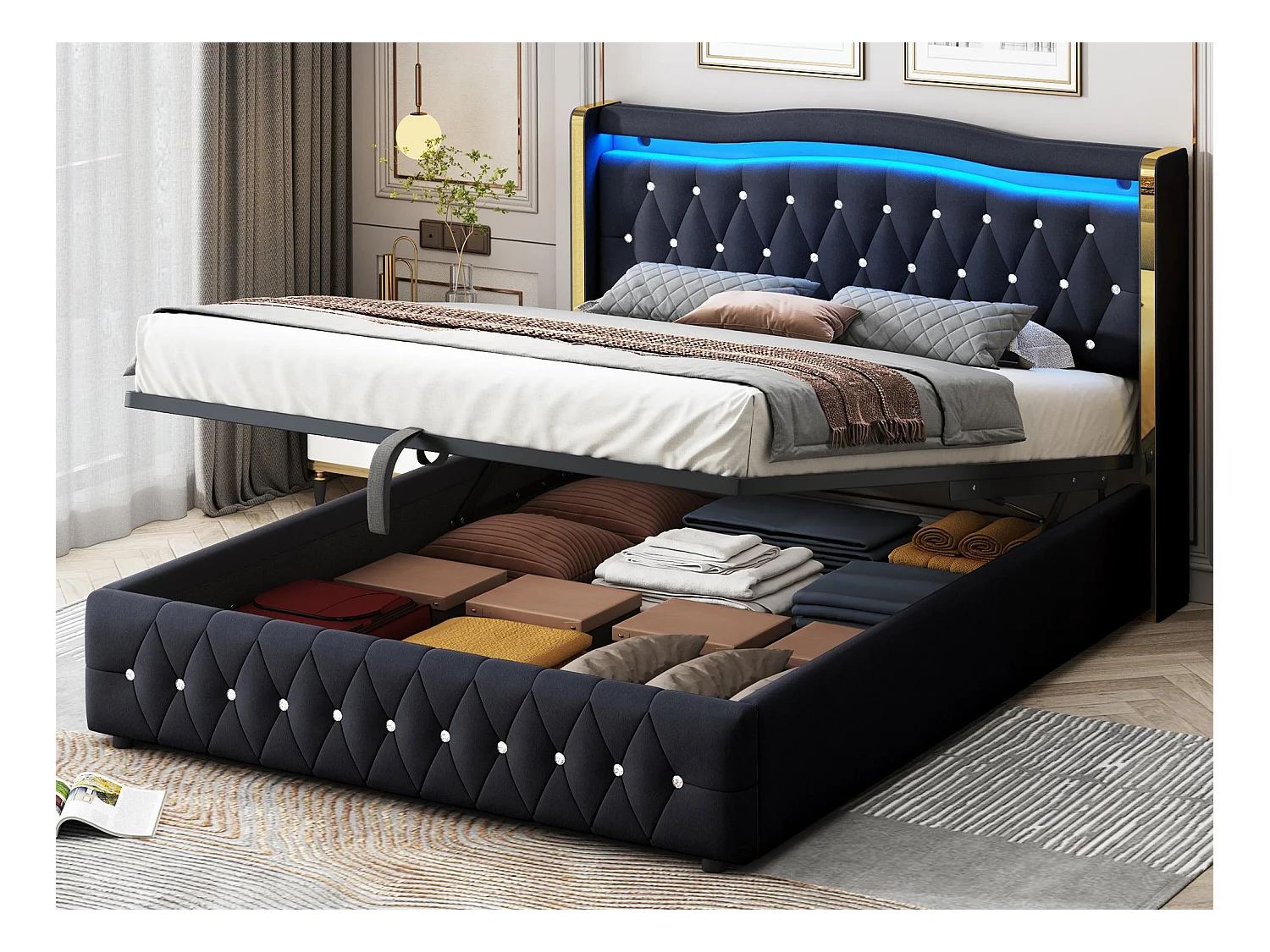 Lit coffre capitonné 160x200 cm avec éclairage LED - tissu en velours - Noir