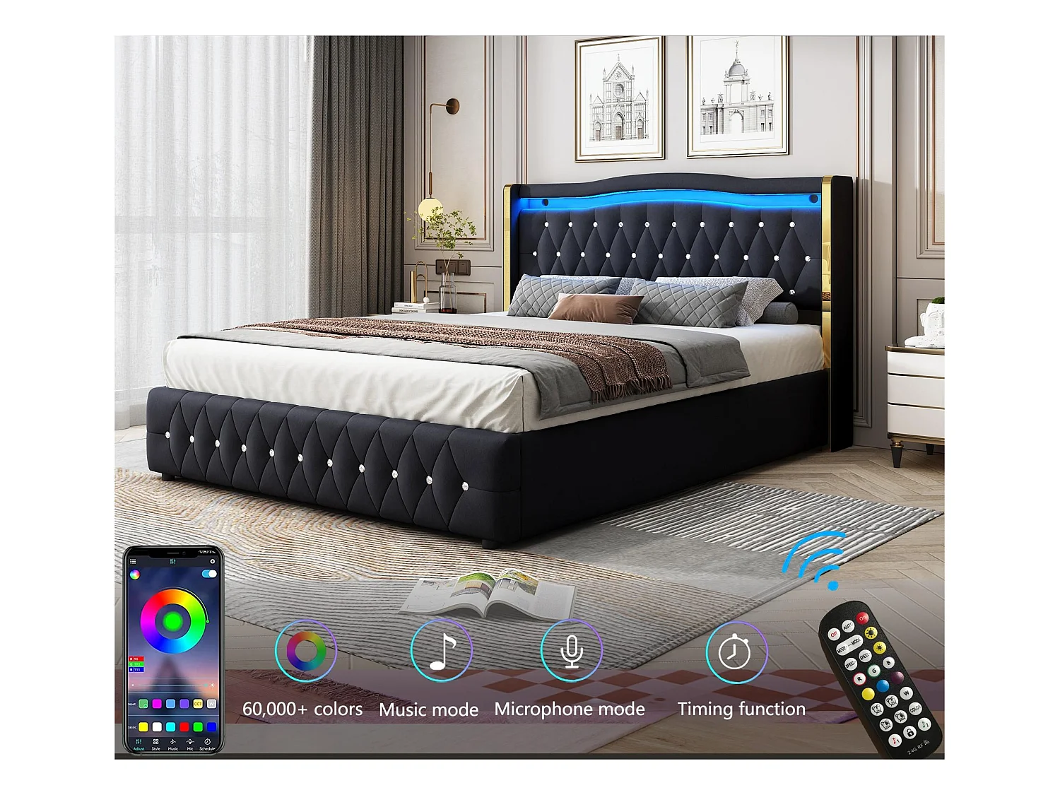 Gepolstertes Stauraumbett 160x200 cm mit LED-Beleuchtung – Samtstoff – Schwarz