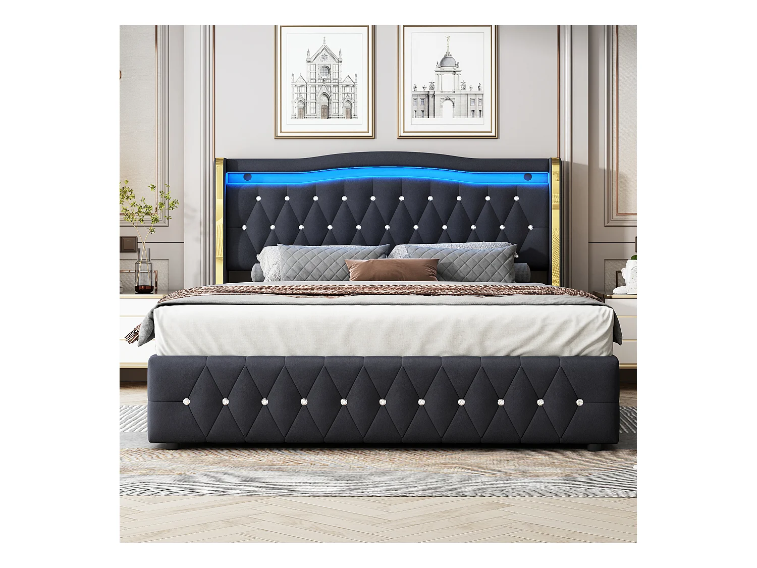 Gepolstertes Stauraumbett 160x200 cm mit LED-Beleuchtung – Samtstoff – Schwarz