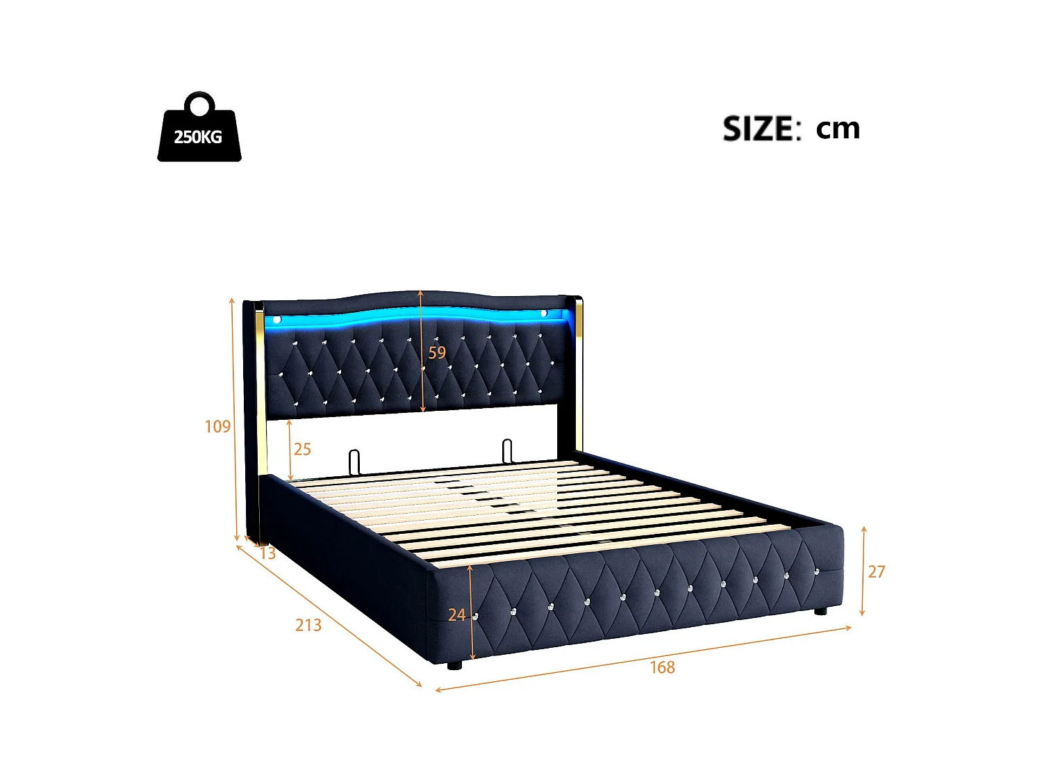 Gepolstertes Stauraumbett 160x200 cm mit LED-Beleuchtung – Samtstoff – Schwarz