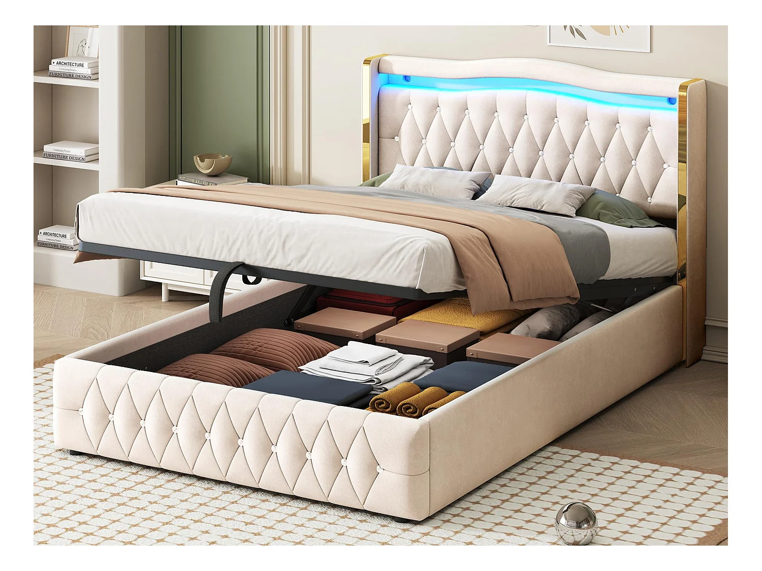 Lit coffre capitonné 140x200 cm avec éclairage LED - tissu en velours - Beige