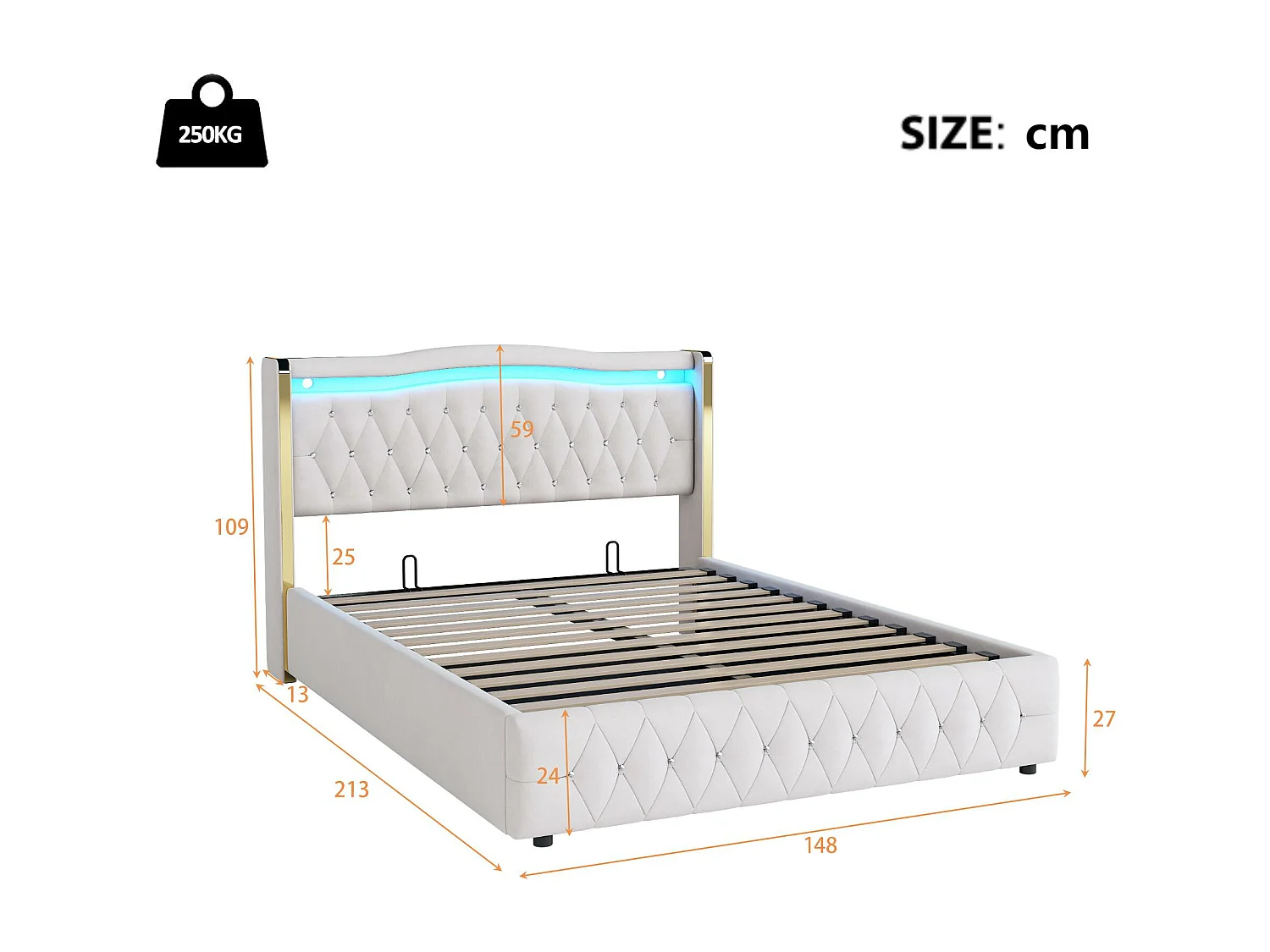 Gepolstertes Stauraumbett 140x200 cm mit LED-Beleuchtung – Samtstoff – Beige