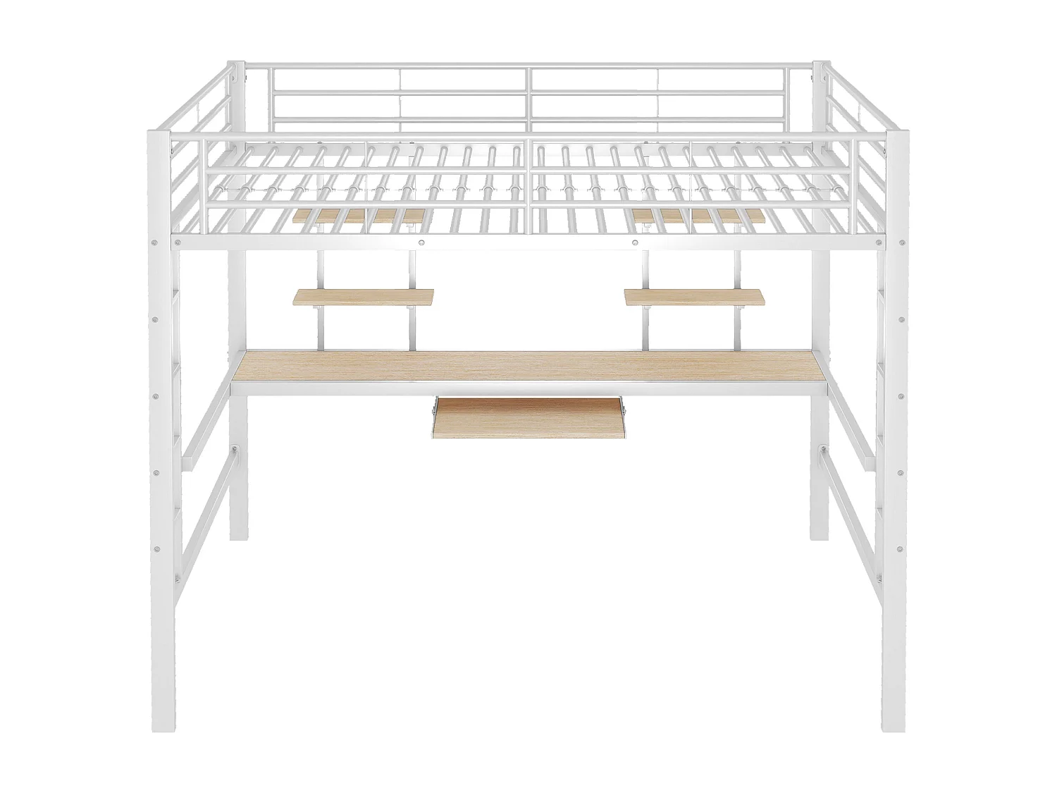 Hochbett 140x200cm – mit Schreibtisch und Regalen – Metallrahmen – Weiß