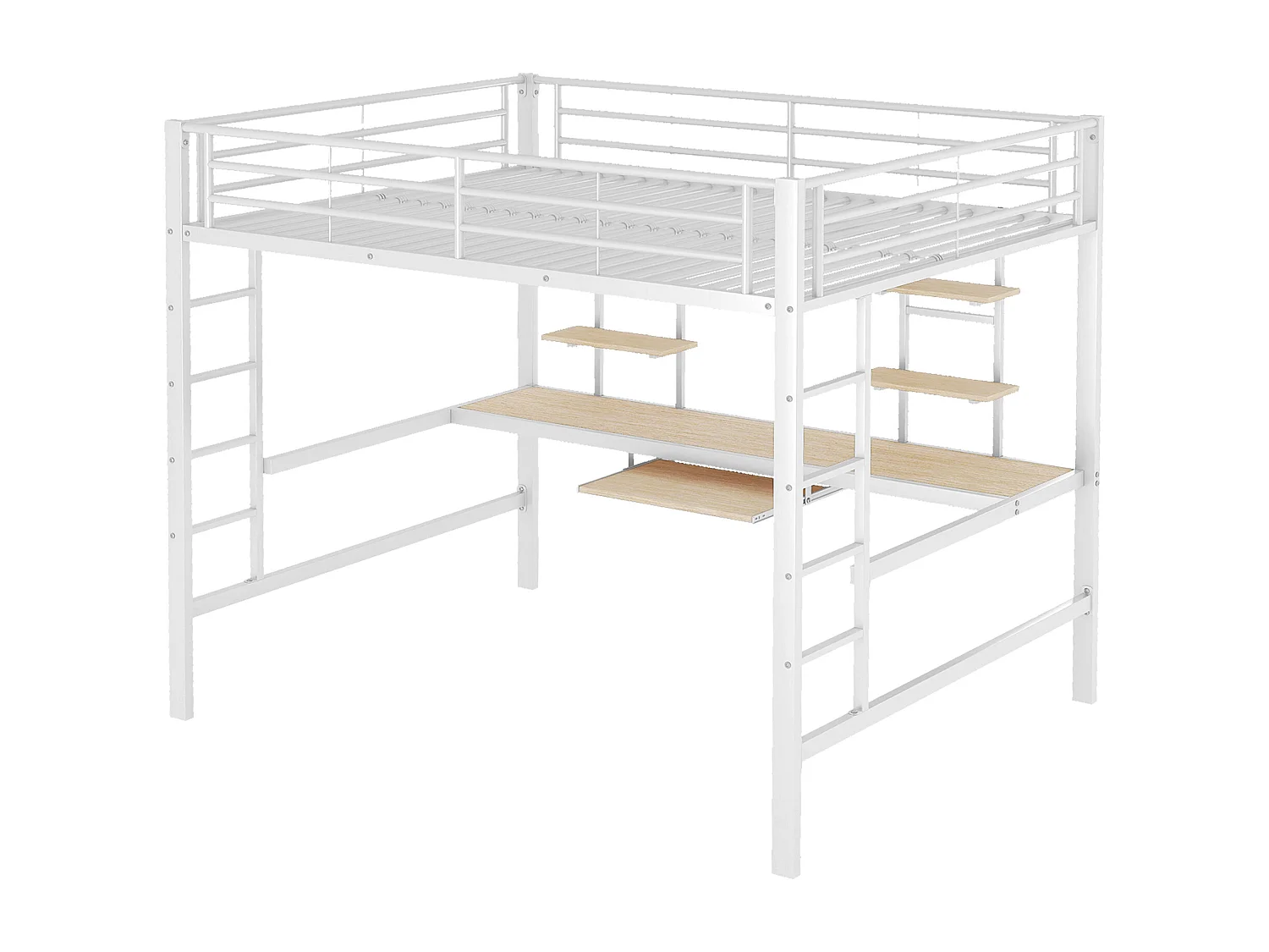 Hochbett 140x200cm – mit Schreibtisch und Regalen – Metallrahmen – Weiß