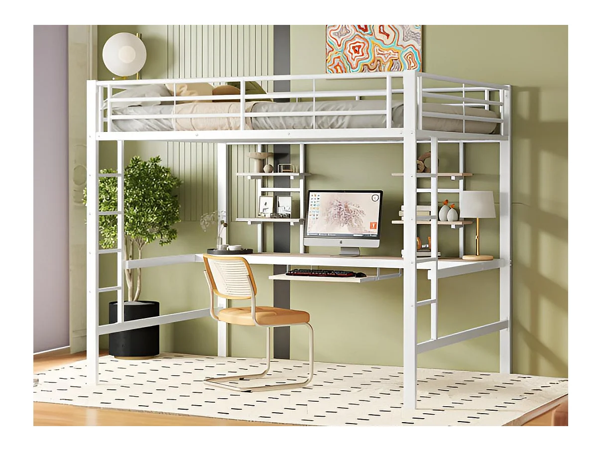 Łóżko mezzanine 140x200cm - z biurkiem i półkami - metalowa rama - Biała