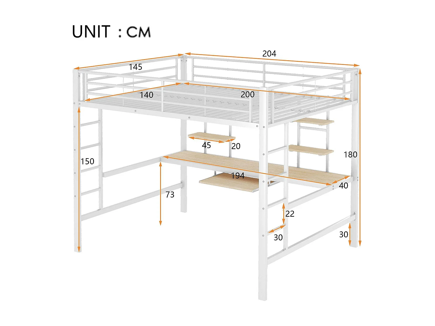 Hoogslaper 140x200cm - met bureau en planken - metalen frame - Wit