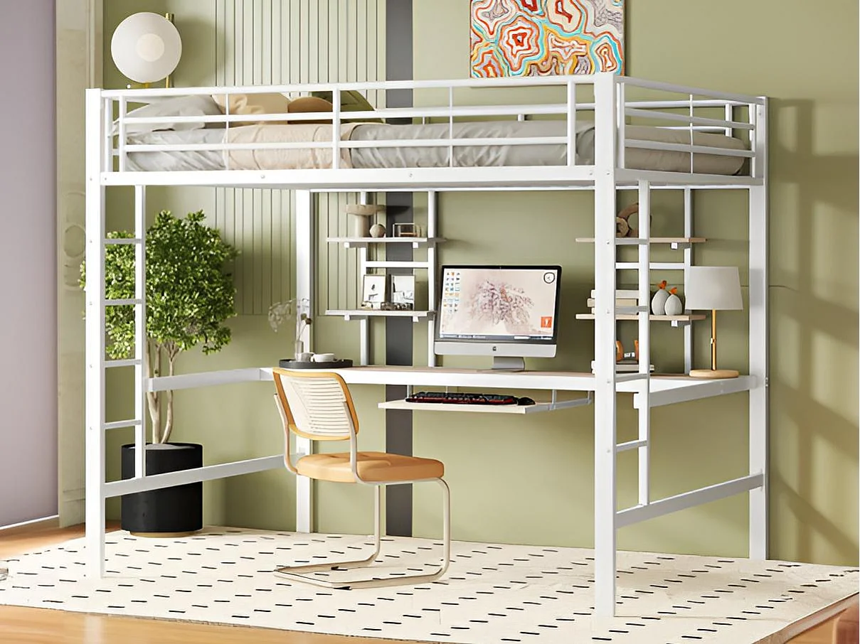 Hoogslaper 140x200cm - met bureau en planken - metalen frame - Wit