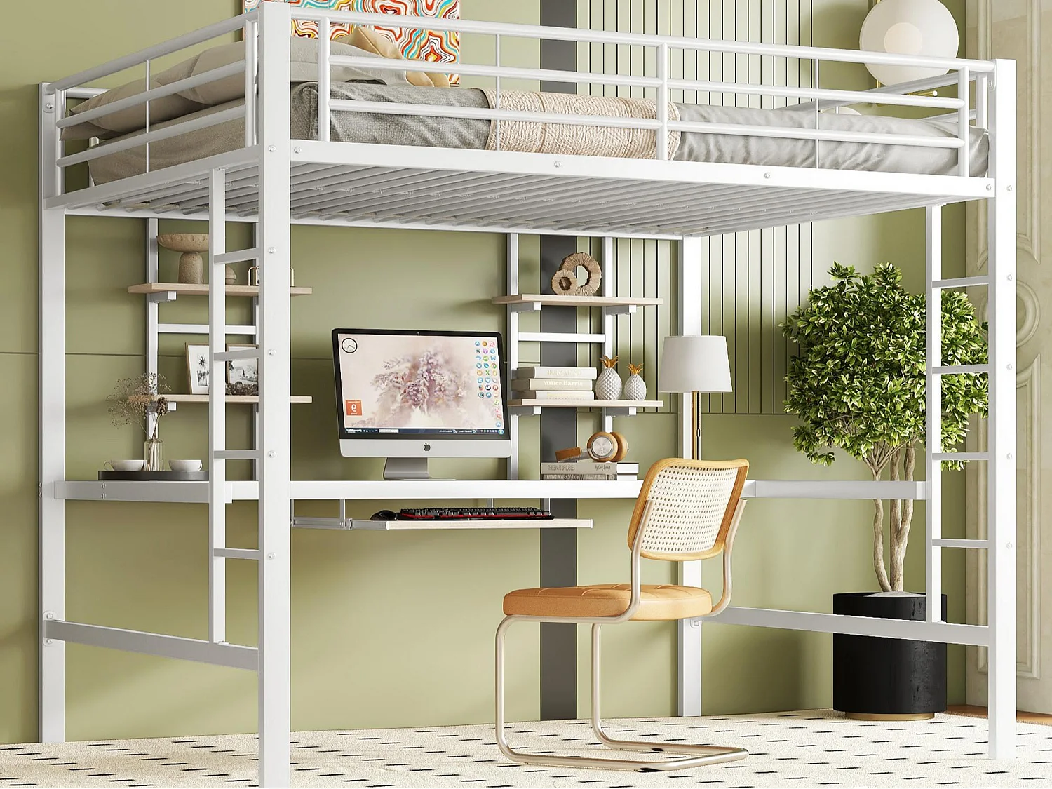 Hochbett 140x200cm – mit Schreibtisch und Regalen – Metallrahmen – Weiß