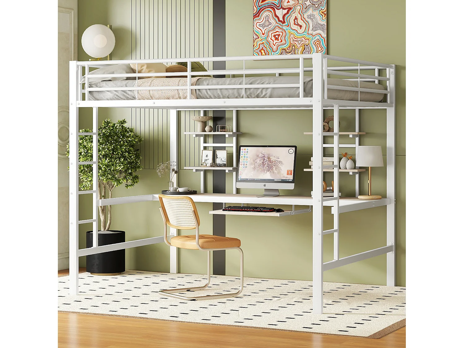 Hochbett 140x200cm – mit Schreibtisch und Regalen – Metallrahmen – Weiß