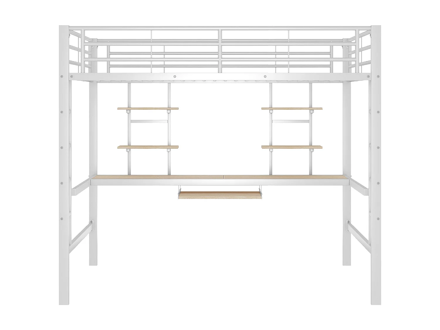 Hochbett 140x200cm – mit Schreibtisch und Regalen – Metallrahmen – Weiß