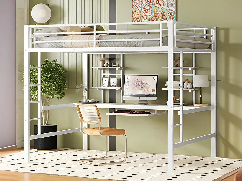 Hochbett 140x200cm – mit Schreibtisch und Regalen – Metallrahmen – Weiß