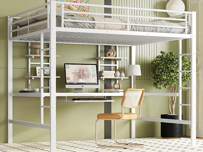 Cama alta 140x200cm - com secretária e prateleiras - estrutura metálica - Branco