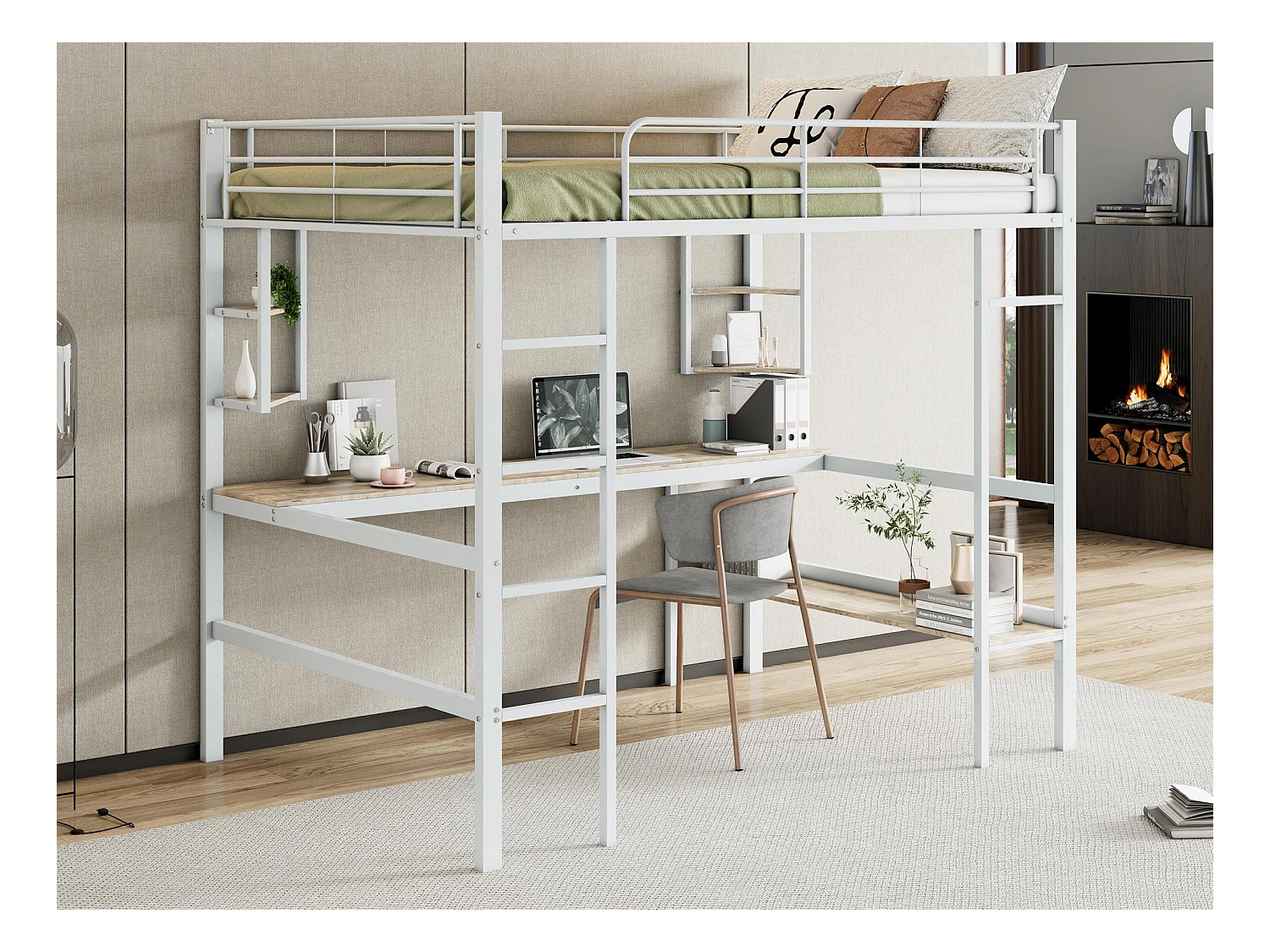 Lit mezzanine en fer - 140x200cm - avec bureau et 5 étagères - Blanc