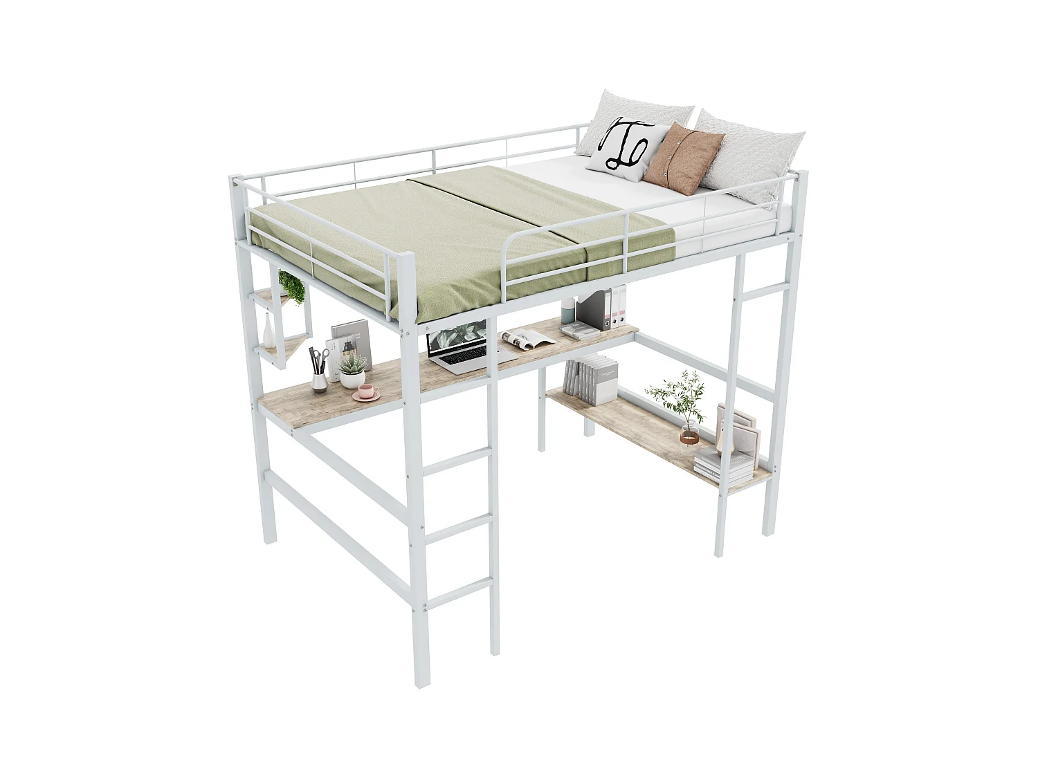 Cama entrepiso de hierro - 140x200 cm - con escritorio y 5 estantes - Blanco