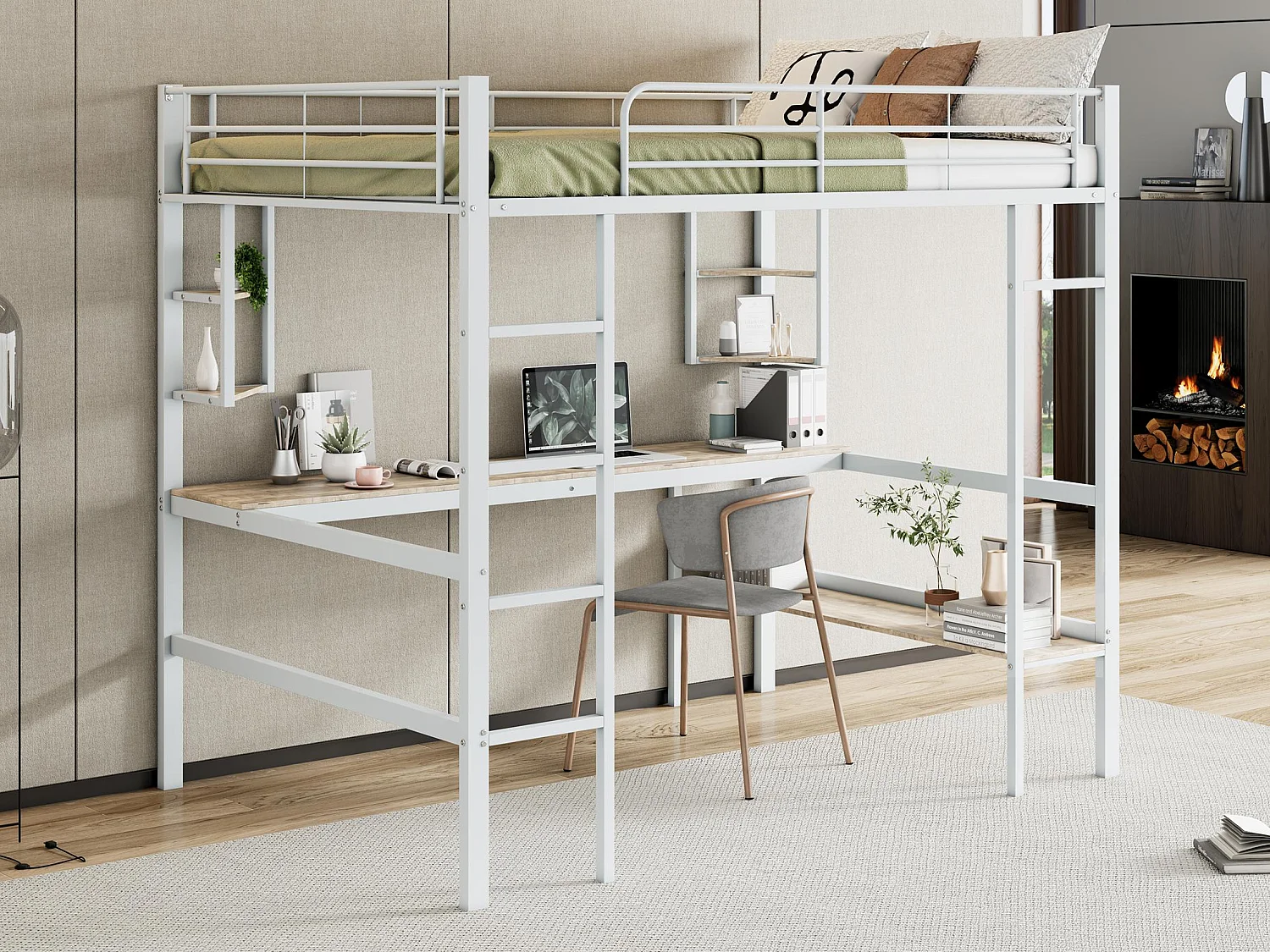 Lit mezzanine en fer - 140x200cm - avec bureau et 5 étagères - Blanc