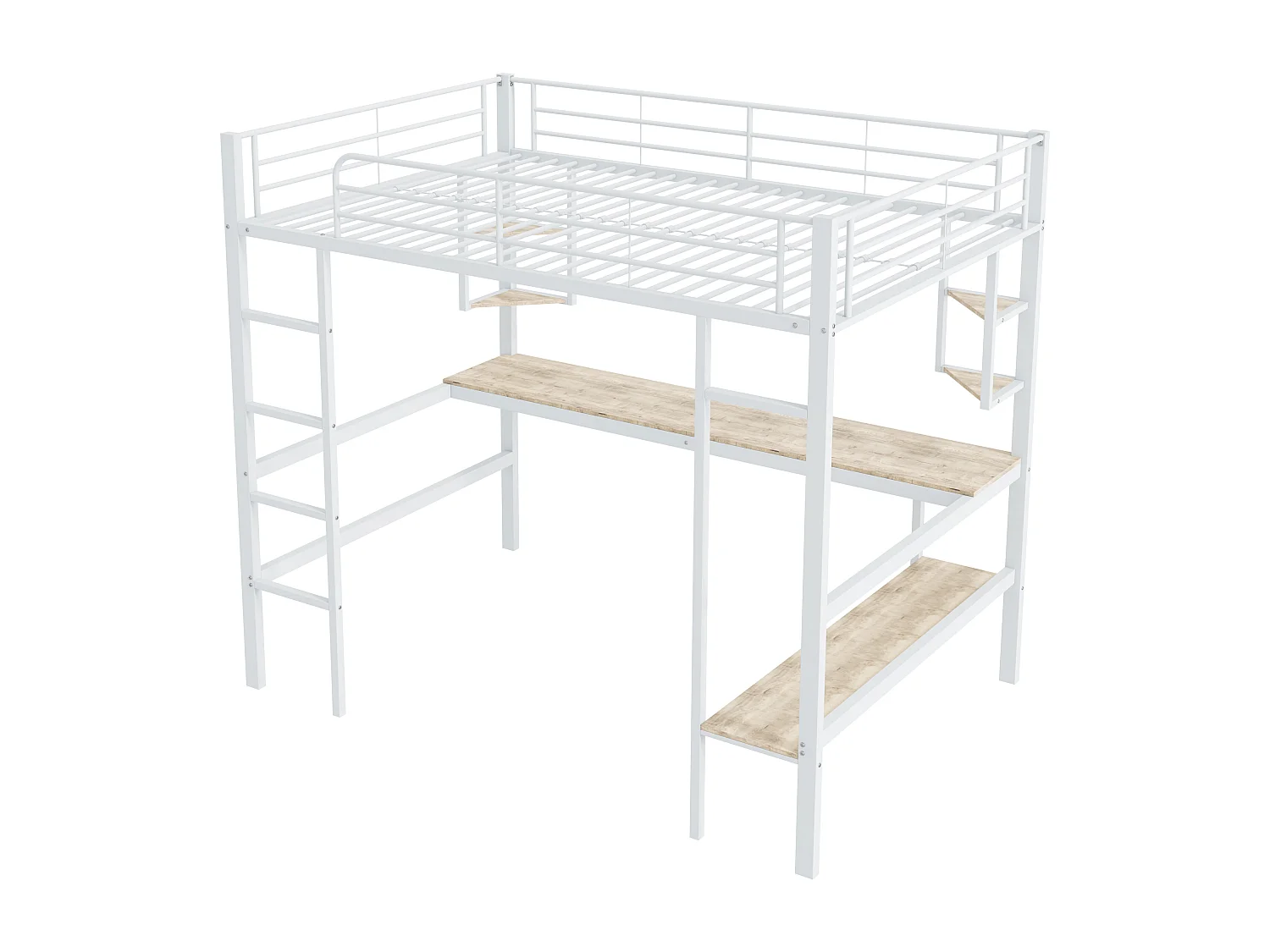 Lit mezzanine en fer - 140x200cm - avec bureau et 5 étagères - Blanc