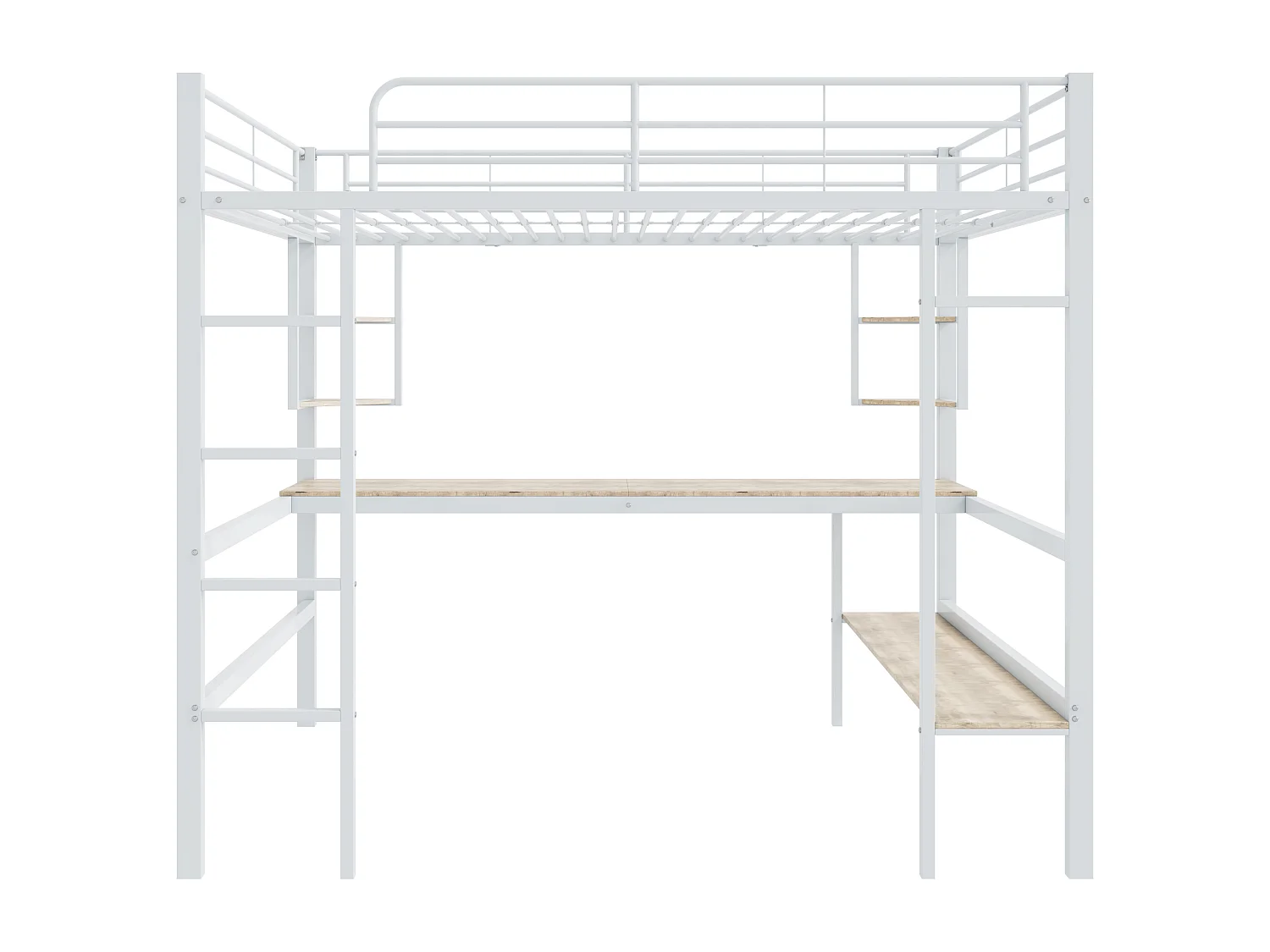Lit mezzanine en fer - 140x200cm - avec bureau et 5 étagères - Blanc