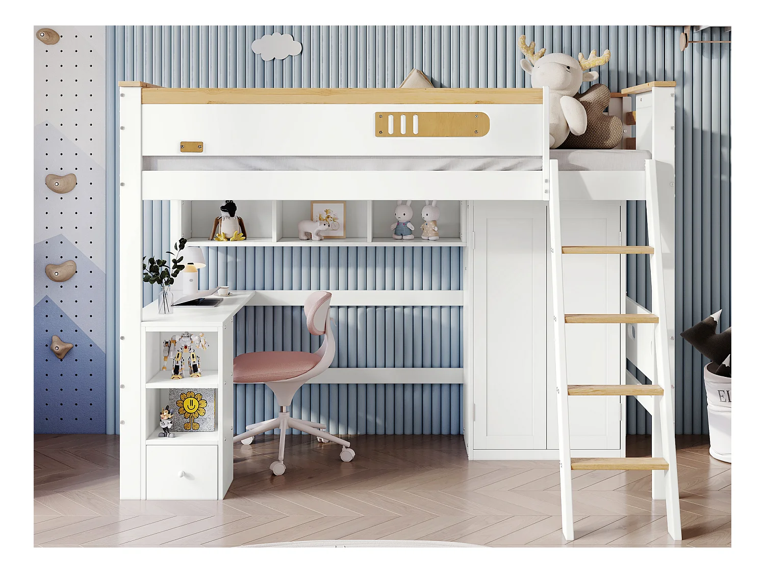 Houten hoogslaper - 90x200 cm - met planken, bureau en kledingkast - Wit