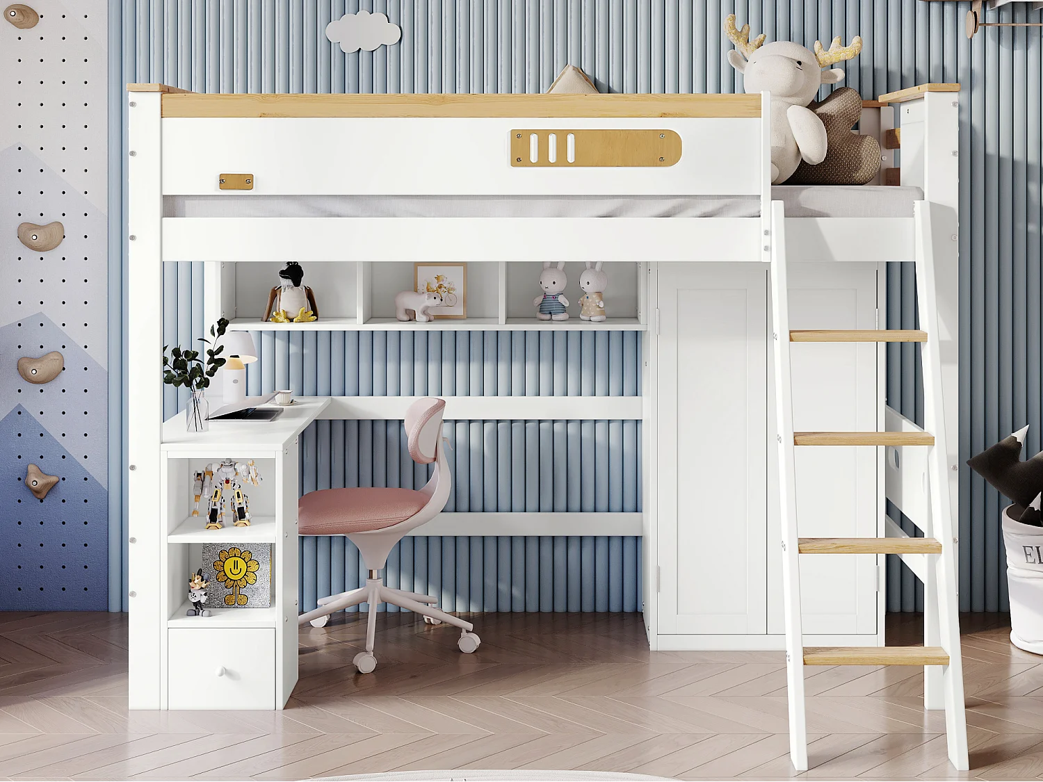 Letto a soppalco in legno - 90x200 cm - con ripiani, scrivania e armadio - Bianco