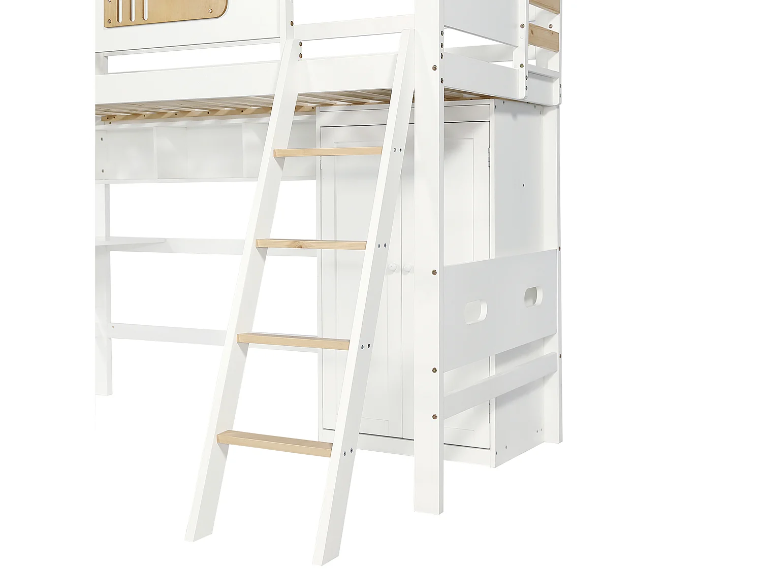 Letto a soppalco in legno - 90x200 cm - con ripiani, scrivania e armadio - Bianco