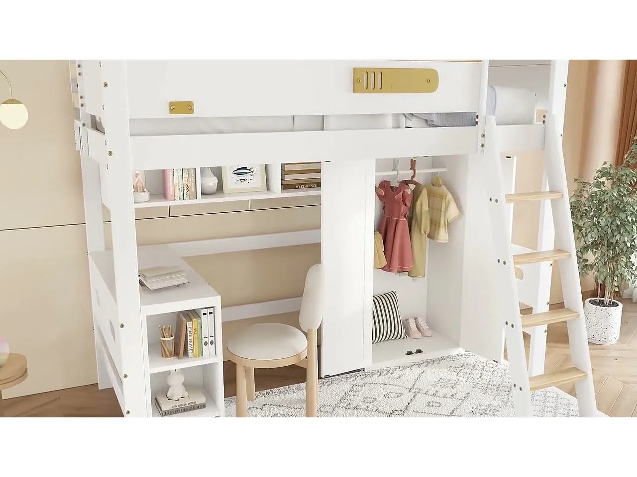 Letto a soppalco in legno - 90x200 cm - con ripiani, scrivania e armadio - Bianco