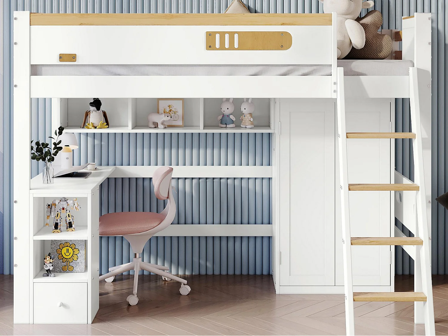 Hochbett aus Holz – 90x200 cm – mit Regalen, Schreibtisch und Kleiderschrank – Weiß