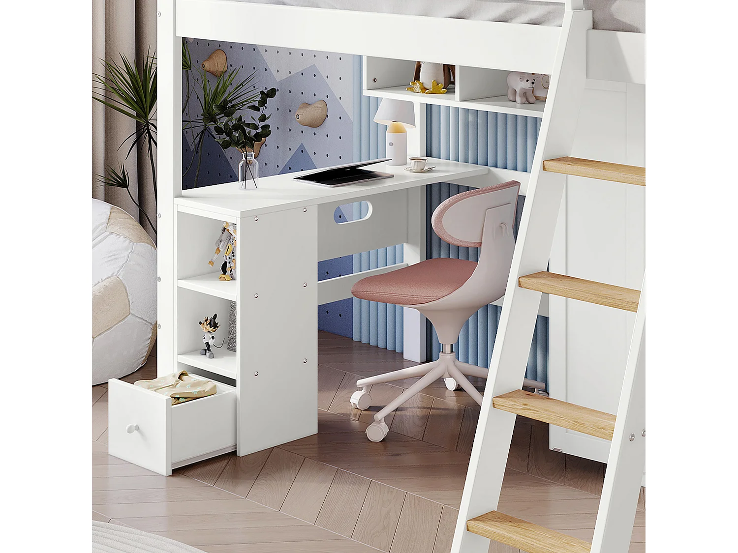 Hochbett aus Holz – 90x200 cm – mit Regalen, Schreibtisch und Kleiderschrank – Weiß