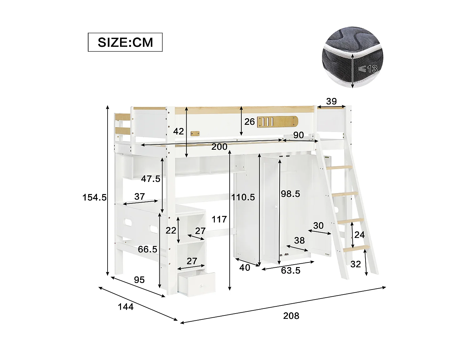 Hochbett aus Holz – 90x200 cm – mit Regalen, Schreibtisch und Kleiderschrank – Weiß