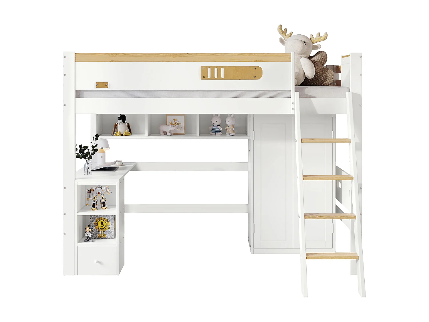 Hochbett aus Holz – 90x200 cm – mit Regalen, Schreibtisch und Kleiderschrank – Weiß