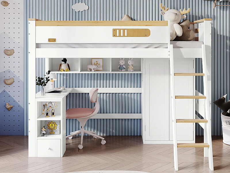 Letto a soppalco in legno - 90x200 cm - con ripiani, scrivania e armadio - Bianco