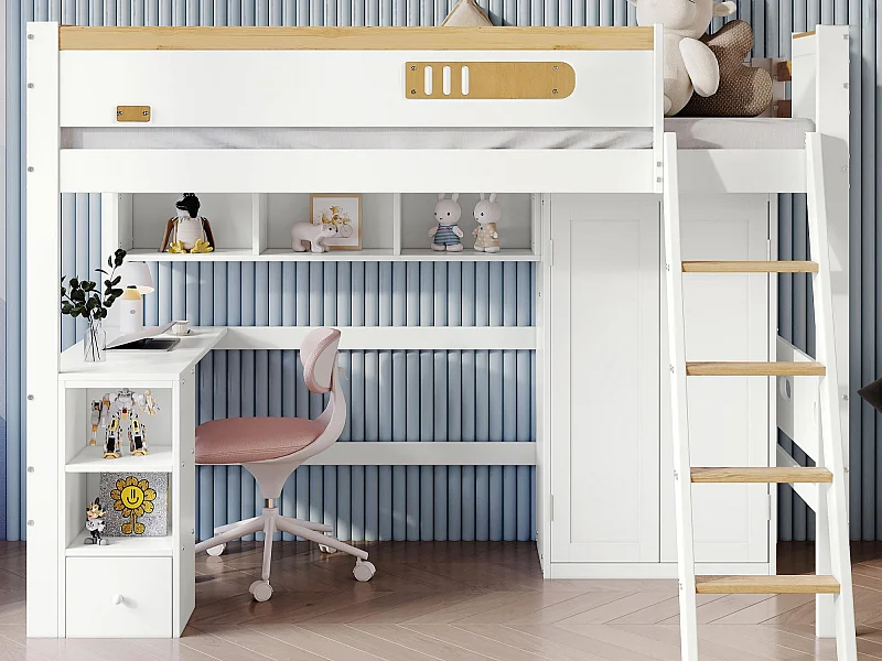 Hochbett aus Holz – 90x200 cm – mit Regalen, Schreibtisch und Kleiderschrank – Weiß