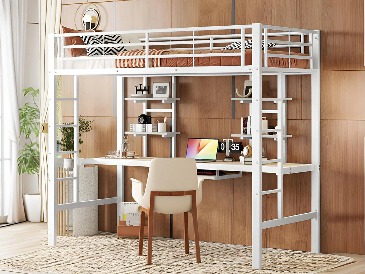 Hochbett 90x200cm – mit Schreibtisch und Regalen – Metallrahmen – Weiß