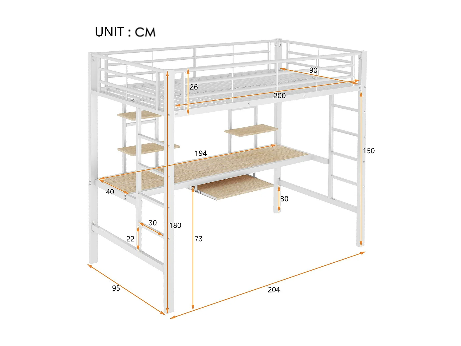 Hochbett 90x200cm – mit Schreibtisch und Regalen – Metallrahmen – Weiß